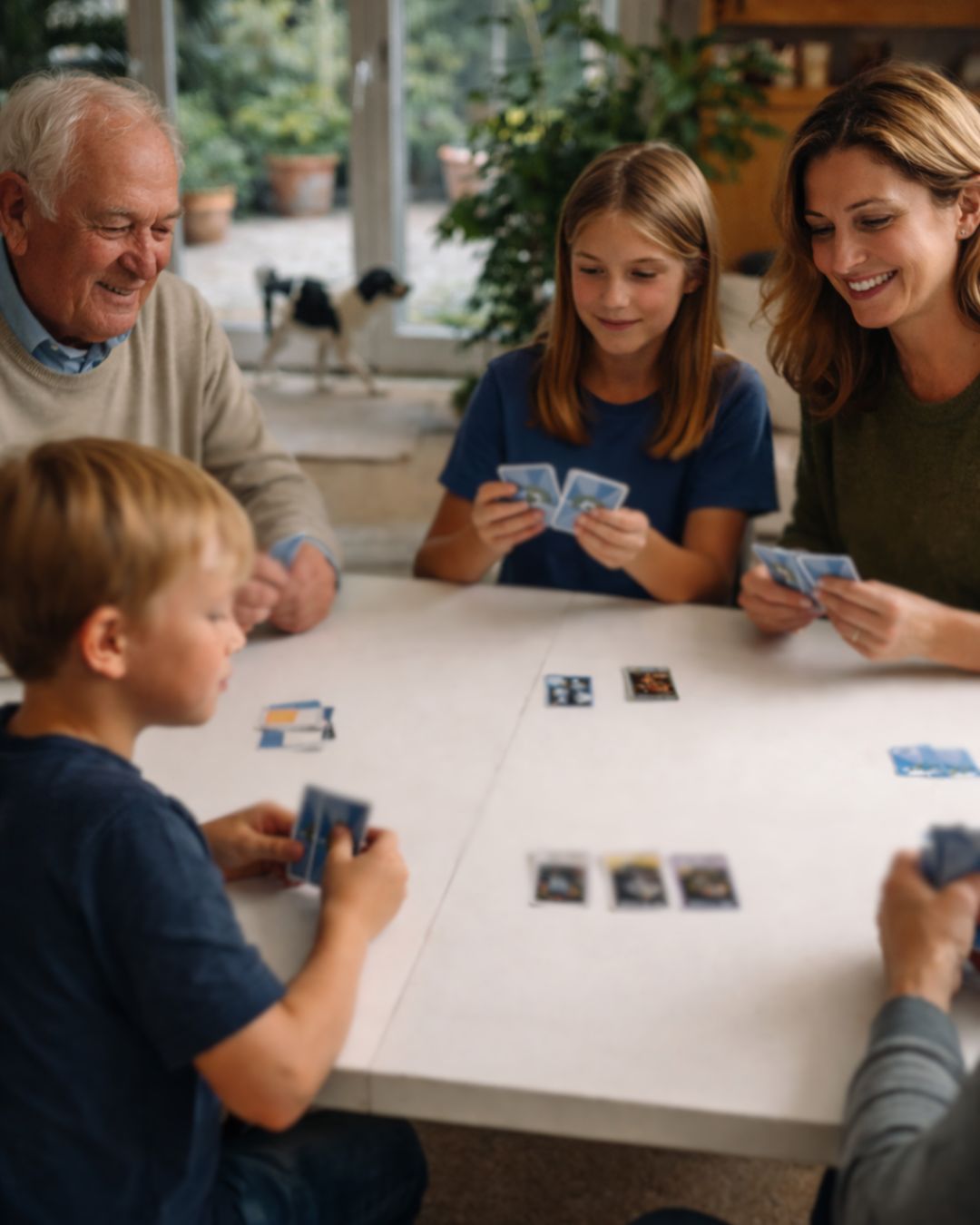 Familj som spelar Fotbollskampen vid ett bord hemma