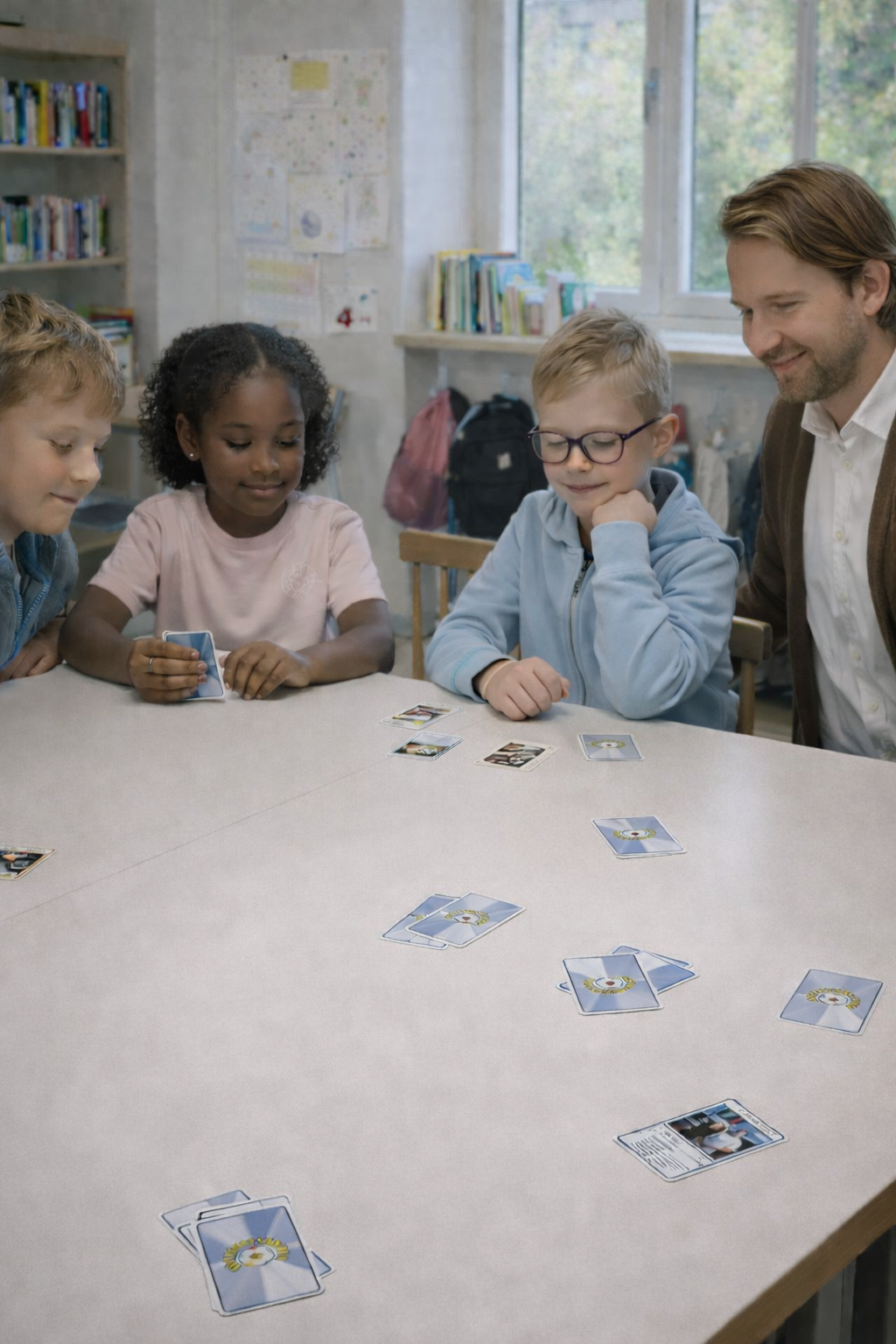 Tre elever spelar Fotbollskampen tillsammans vid ett bord på fritids