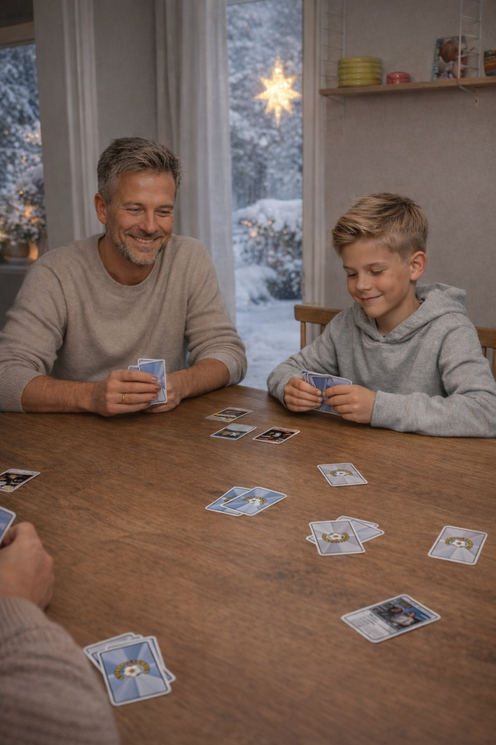 Pappa och son spelar Fotbollskampen på vintern