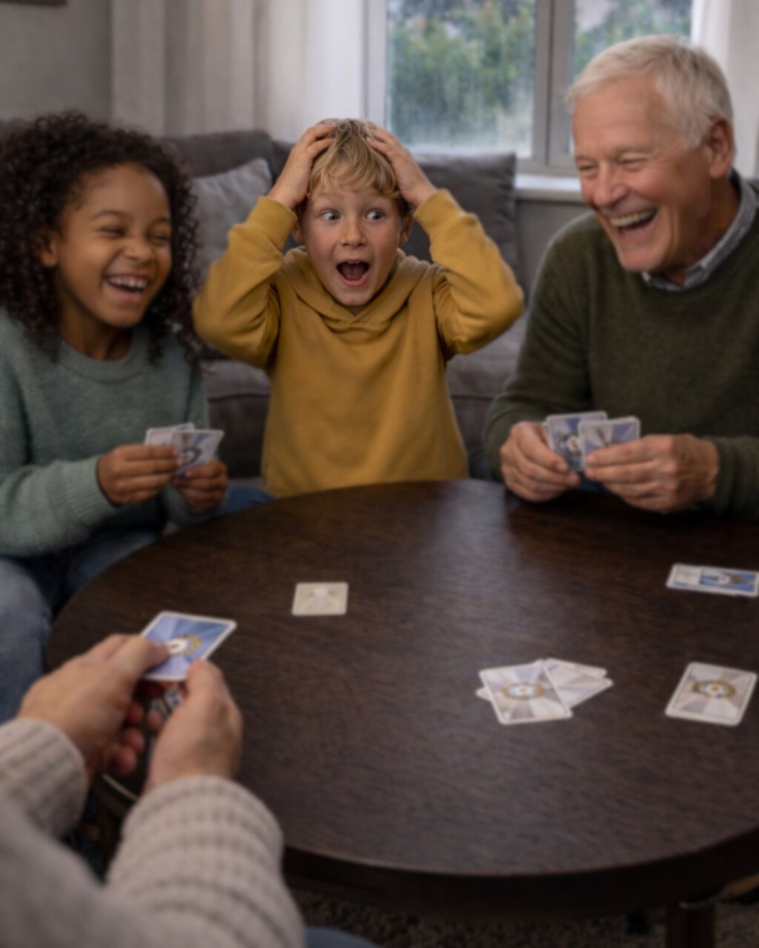 Förvånad pojke med händerna på huvudet spelar Fotbollskampen med flicka och farfar