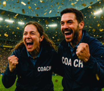 Bilden på Specialkortet Guldtränarna: två tränare i jackor med texten Coach jublar under ett regn av guldkonfetti